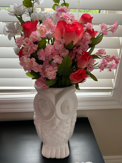 Owl Flower Arrangement - New, Owl 11 in. high, $8.00 Pick up in Port Rowan
