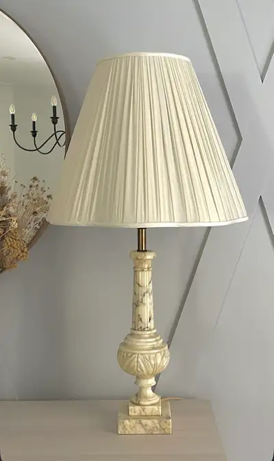 Vintage Carved Alabaster Urn Stone Lamp w Pleated Shade, View more
