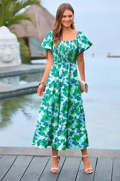 New Puffy Short Sleeve Square Neck summer Dress-XL, View more