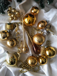Vintage Gold Glass Christmas Ornaments + long teardrops + Bird