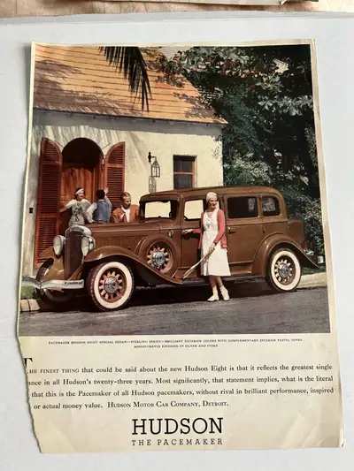 1932 Hudson Eight Sterling Series Special Sedan Art deco car ad art advertising promo vintage Origin...