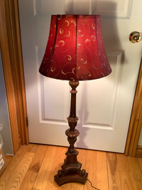 Vintage Wood Tri-Light Floor Lamp w Patterened Silk Shade