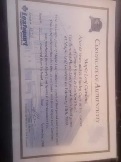 Maple Leaf Gardens authentic COA red seat#12 section 44 row 1, View more