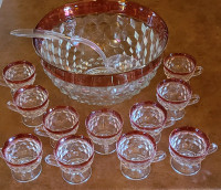 Beautiful Cranberry crystal glass punch bowl and glasses