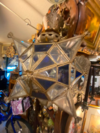 Vintage Star Hanging Lamp Blue Glass Metal Frame Ceiling Fixture