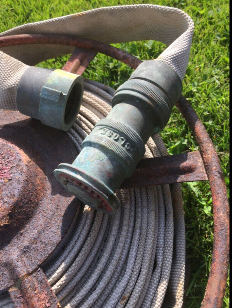 Original fire hose reel includes hose- brass nozzle/coupler for sale  