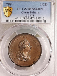 1799 GREAT BRITAIN 1/2 PENNY (1/2 D) KING GEORGE III. PCGS MS-64