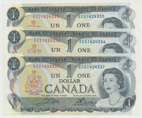 RARE LOT of 3 BANK of CANADA OLMSTEAD 1973 $1 SEQUENTIAL  NUMBER
