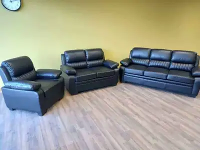 Brand new black leather sofa, love seat & chair. Free delivery, View more