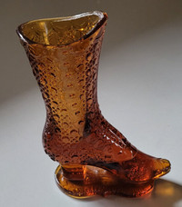 Vintage Amber Glass Bouquet Holder Boot Patterned. Dec. 1886