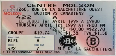 Montreal Canadiens vs Boston Bruins, game played April 1st, 1999. Selling for $12.00, (reduced). Yes...