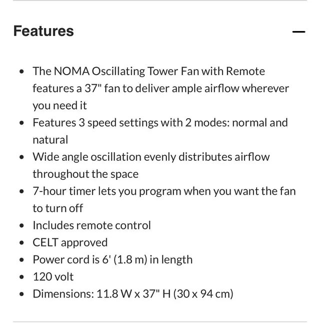 NOMA 37" Oscillating Tower Fan (Delivery Available)63771549784579124