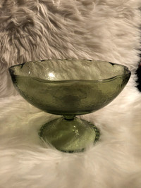 Vintage green glass dimpled bowl with pedestal base 