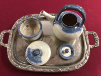 Tea Coffee Pottery Set and Silver Tray