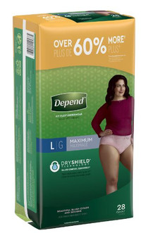 DEPENDS, INCONTINENCE UNDERWEAR, SIZE LARGE, 20 PACKAGES AVAIL.