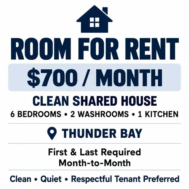 Room for Rent - $700/month - Clean Shared House - Thunder Bay in Room Rentals & Roommates in Thunder Bay - Image 2
