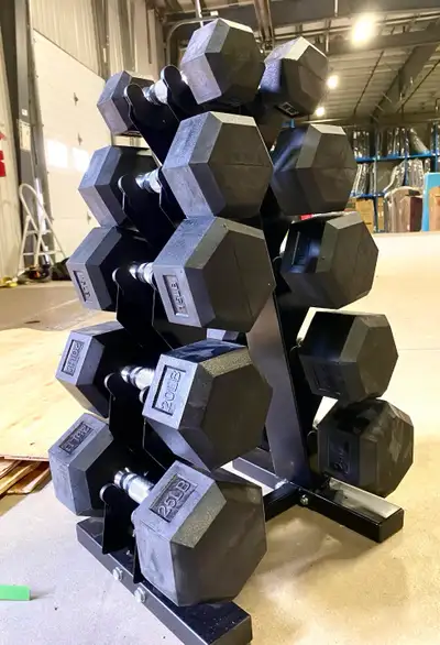 New (in box) 5lb-25lb Rubber Hex Dumbbells with Stand, View more