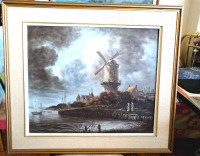 Signed hand painted oil painting on canvas windmill and boats