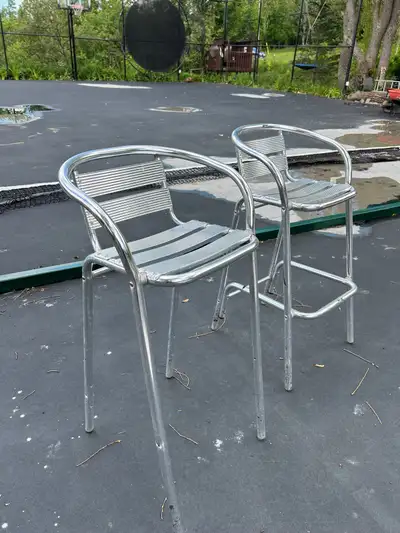 2 Brushed Aluminum Chairs. Bar Height and Lightweight. Only $29, View more