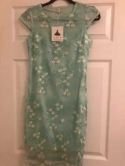 Brand new mint green sheer embroidered dress, View more