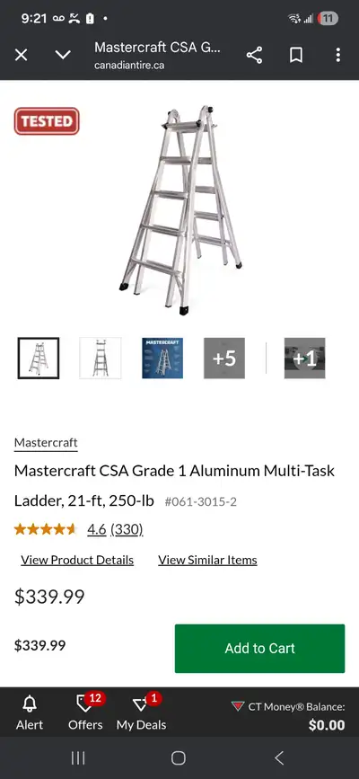 Only used a few times indoors. Mastercraft CSA Grade 1 Aluminum Multi-Task Ladder, 21-ft, 250-lb new...