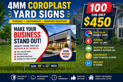 4mm Coroplast Yard Signs Size: 12" × 18" Full Color Printing Double Sided Includes H Stands Price: 1...