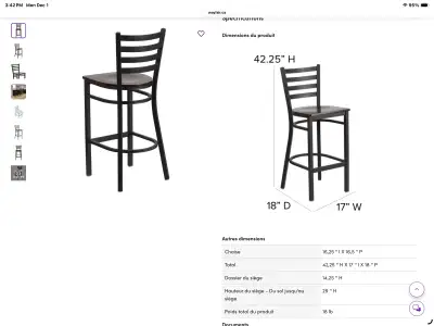 Cinq chaises de comptoir en métal et bois noyer, View more