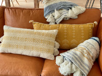 2 new yellow throw pillows and 2 throws boho natural cotton