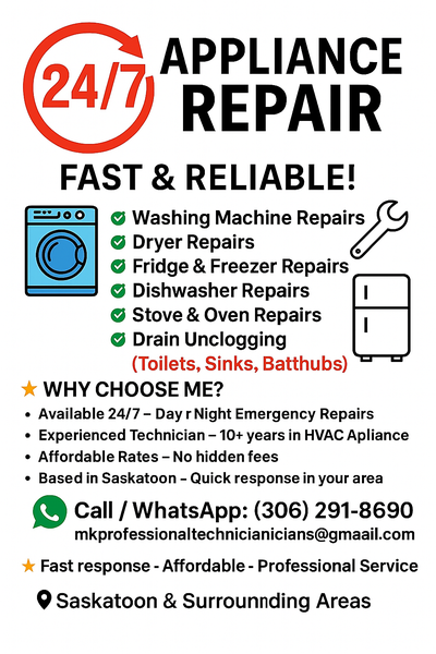 Trusted Saskatoon Appliance Repair – 24/7 Service 10+ years experience in HVAC & Appliance Repairs....