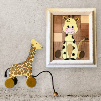 Décoration vintage Jouet girafe en bois sur roulettes avec cadre