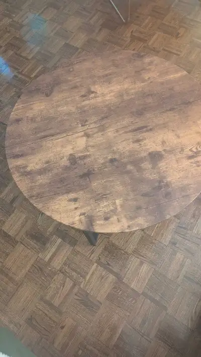 Round Rustic Coffee Table – Wood Top + Black Metal Base, View more