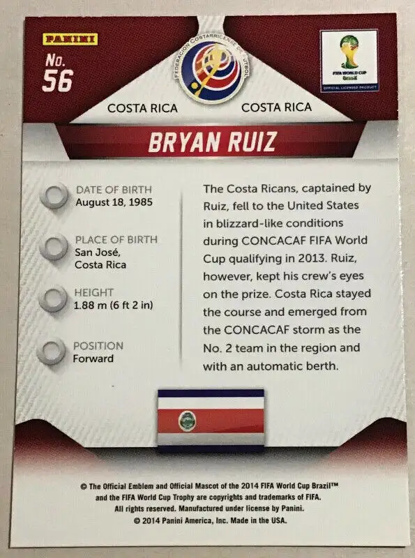 2014 BRYAN RUIZ PANINI PRIZM WORLD CUP SOCCER #56 COSTA RICA in Arts & Collectibles in Longueuil / South Shore - Image 3