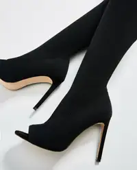 Zara Black Over The Knee High Heel Stretch Sock Open Toe Boots