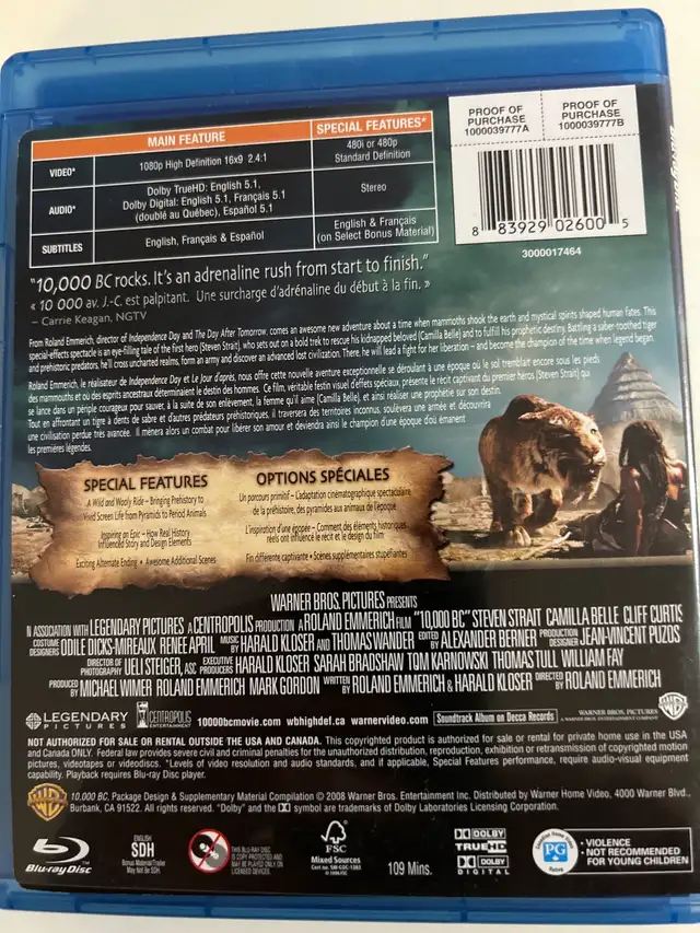 10000 bc / Blu-ray bilingue à vendre 6$62863261526914121