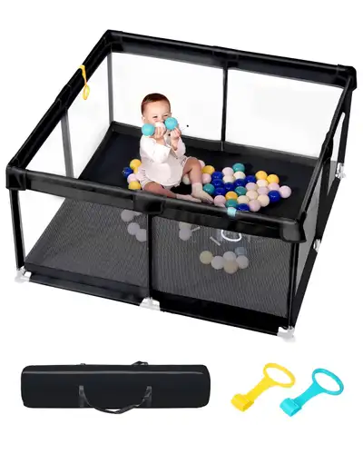 Baby Activity Center with Gate & 2 Pullies - 50”x50” - Black, View more