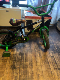 Ninja turtle bicycle with training wheels, both tires need air. 
