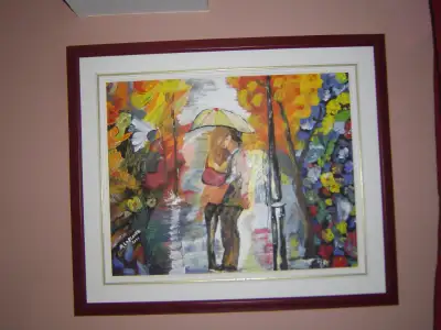 Superbe tableau peint à l'acrylique, ''Amoureux sous la pluie'' 16''X20'' Pièce signée par l'artiste...