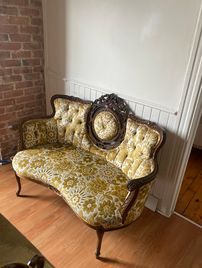 Vintage love seat with original upholstery- great condition. Seats two people comfortably. Width: 50...