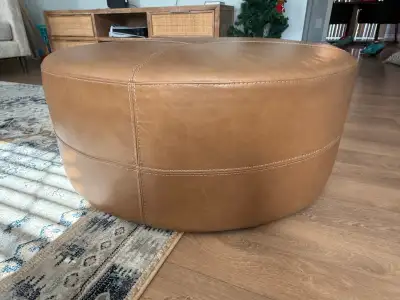 Round Tan Leather Ottoman, View more