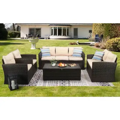 5-Piece Wicker Patio Conversation Furniture Set with Beige Cushi, View more