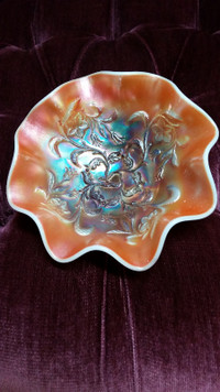 BELLS AND BEADS PEACH OPALESCENT CARNIVAL GLASS BOWL