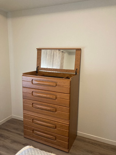 Solid Oak 5 Drawer Dresser with Flip up Mirror, View more