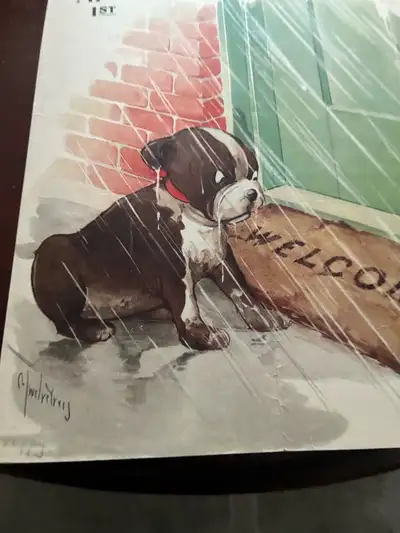 Boston Terrier dog vintage ad calendar Welcome puppy rain 1920s, View more
