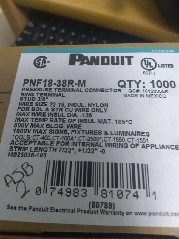 1000 PANDUIT #PNF18-38R-M PRESSURE TERMINAL CONNECTORS 38" Ring in Other Business & Industrial in St. John's
