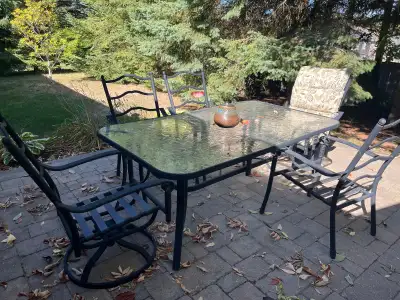 Patio set with 6 chairs and cushions, View more