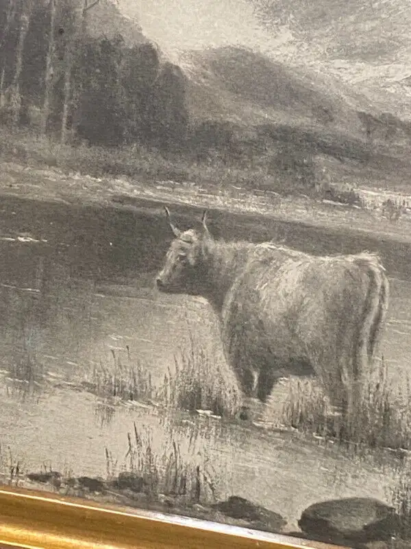 ANTIQUE WOOD  FRAME  COW BLACK AND WHITE COWS SCENE . in Arts & Collectibles in Vancouver - Image 7