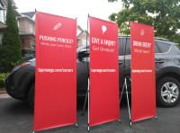 X-BANNER stand with printed banner, aluminum hardware & tote $70