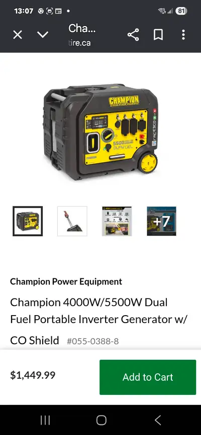 Champion 4000W/5500W Dual Fuel Portable Inverter Generator w/ CO, View more