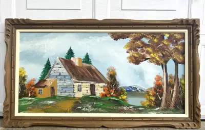 Large Oil Painting Rustic Cabin Landscape, View more
