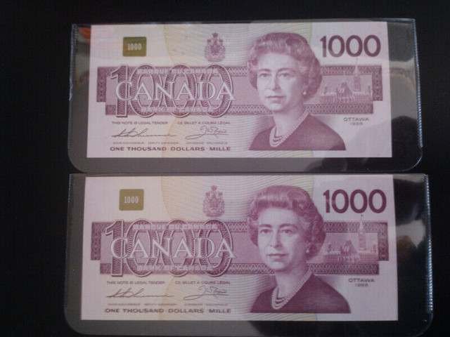 1988 Sequential 2 Bank of Canada $1000 one thousand dollar bills in Arts & Collectibles in City of Toronto - Image 2